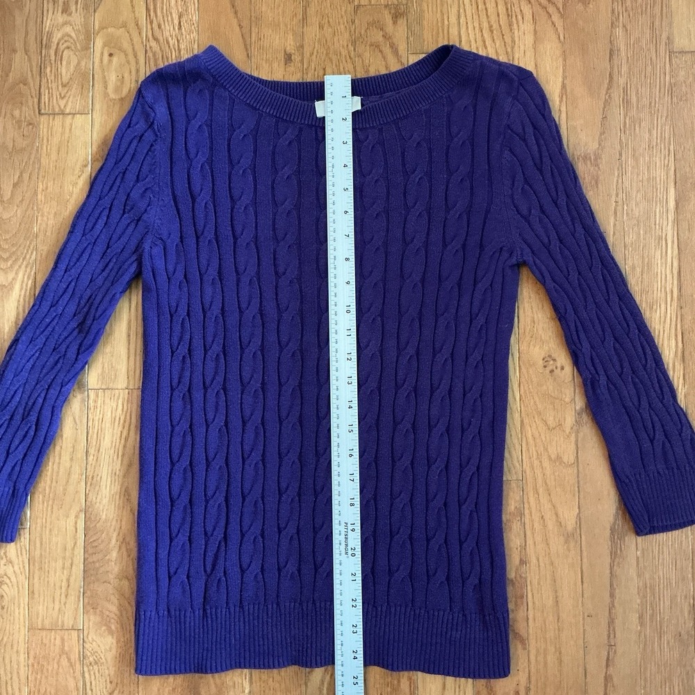 LOFT Purple Cable Knit Sweater 3/4 Length Sleeves Boat Neck Size M - Picture 3 of 6
